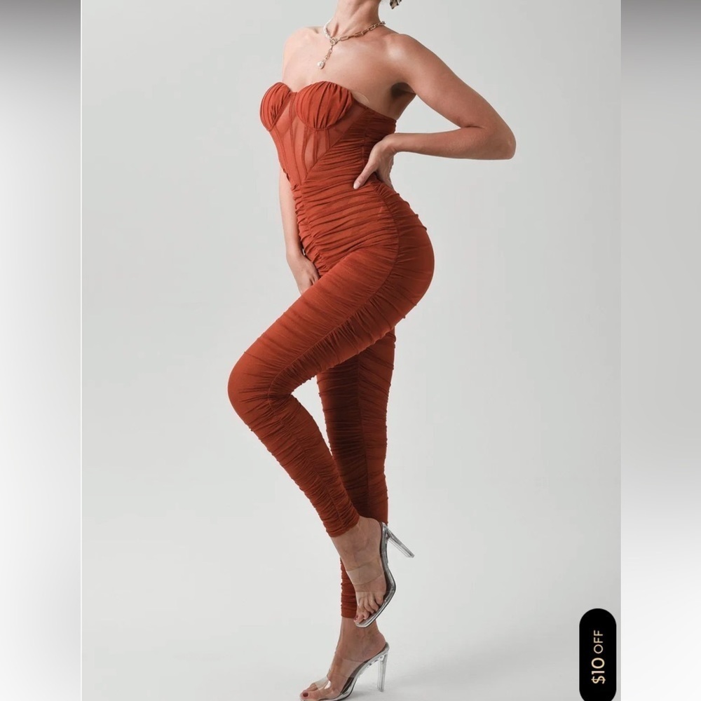 Strapless Ruched Jumpsuit in Rust - Picture 2 of 14